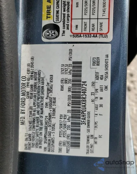 2011 Ford Fusion Sel from USA, damaged, VIN 3FAHP0JAXBR340724
